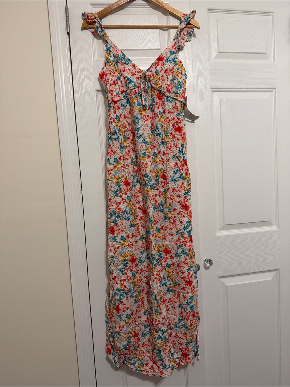 Floral Tie-Front Maxi Sundress in White with Red, Blue & Yellow Accents